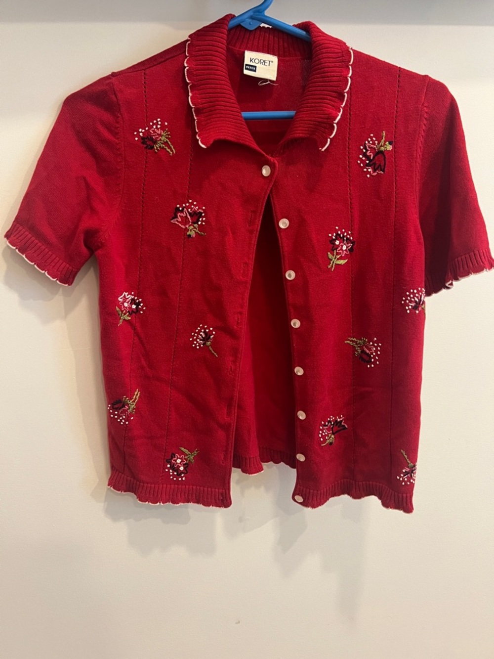 Koret Red Short-Sleeve Embroidered Cardigan with Scalloped Trim